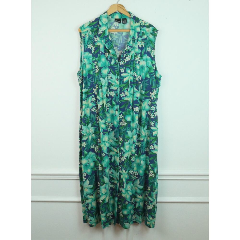 Erika Vintage 2X Sundress‎ Maxi Tie Waist Tropical Floral Resort Vacation Rayon